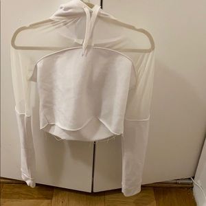 White mesh sleeve cropped hoodie